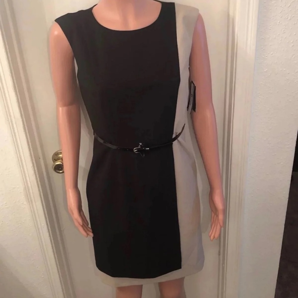 AB STUDIO BLACK/TAN BELTED DRESS